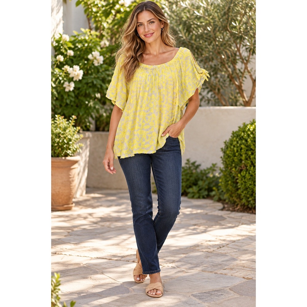 Yellow Floral Eyelash Lace Off Shoulder Flutter Sleeve Blouse Top